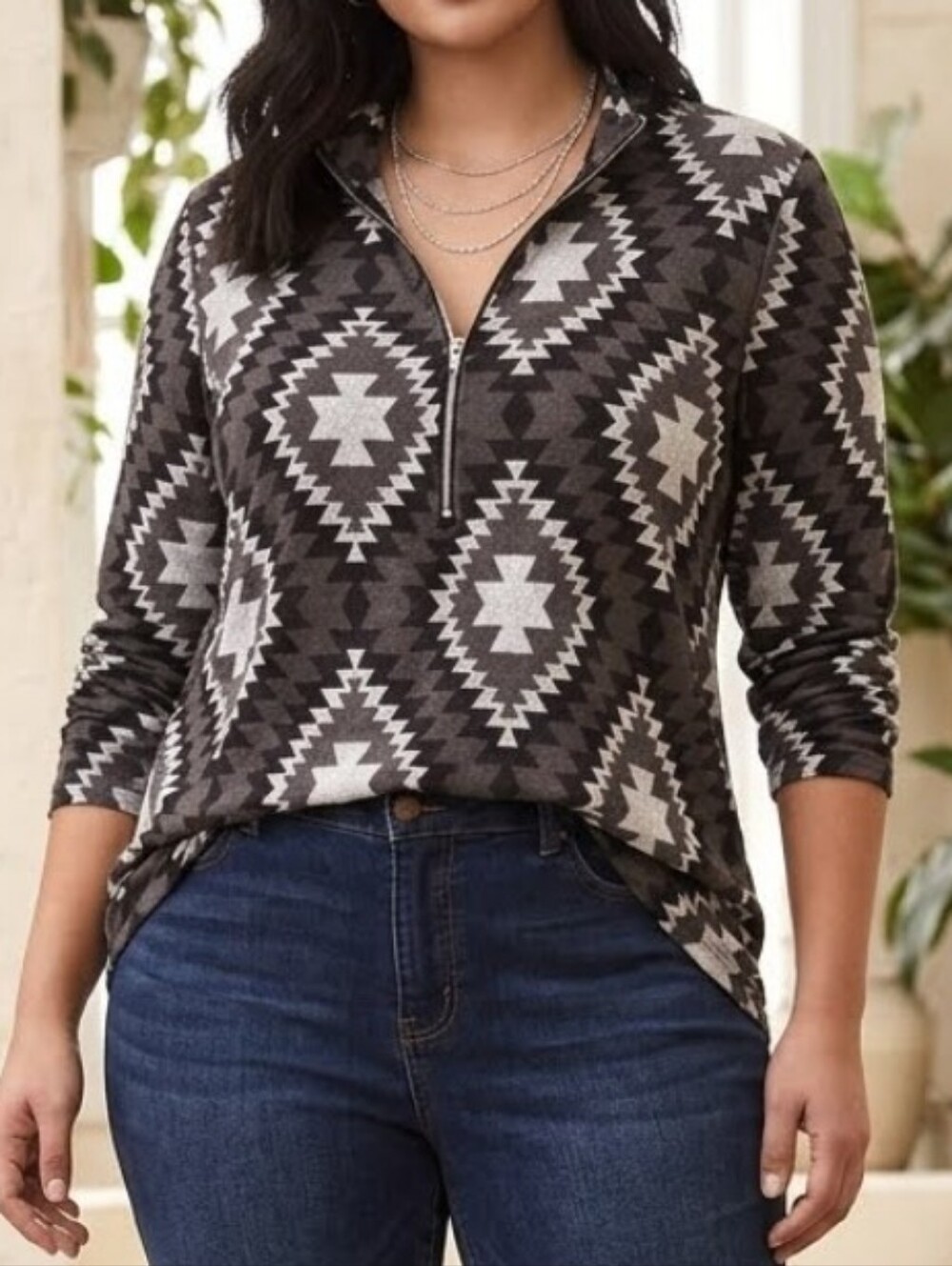 Tamera Aztec Print Zip VNeck 3/4 Sleeve Casual Top Blouse Tunic Y2K